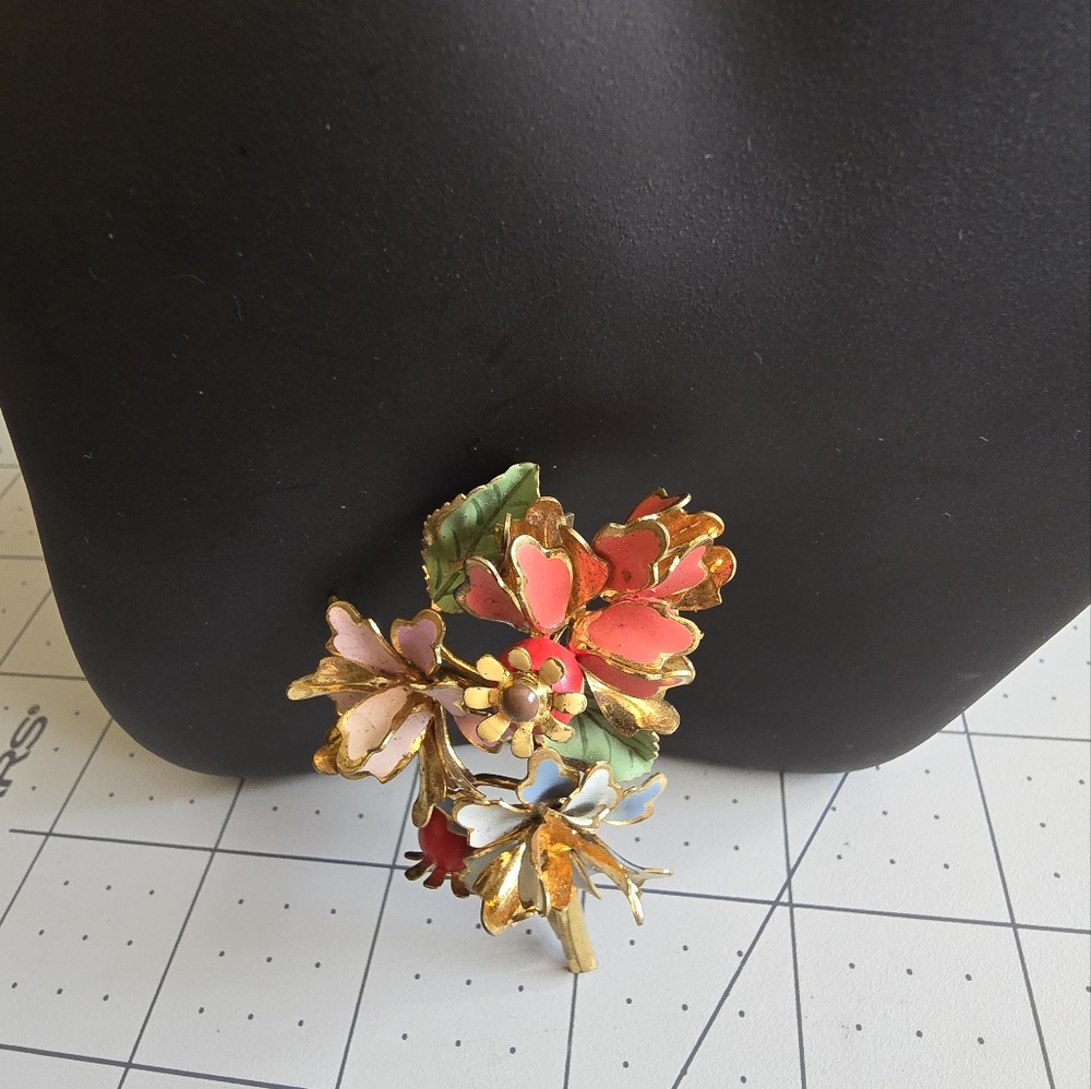 Czech Floral Enamel Brooch with Gold Tone Accents